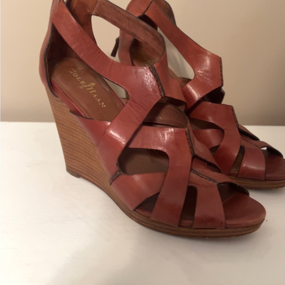 Cole Haan Tan Wedge Sandals with Strappy Design